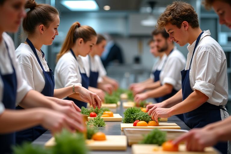 Guests actively participating in a hands-on cooking class in a modern, well-equipped kitchen.